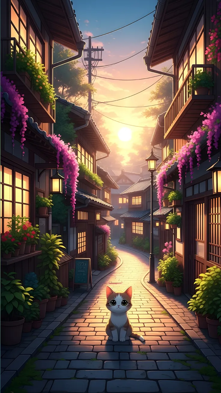 Where peaceful mornings meet golden sunshine Sunny road house dog cherry blossoms