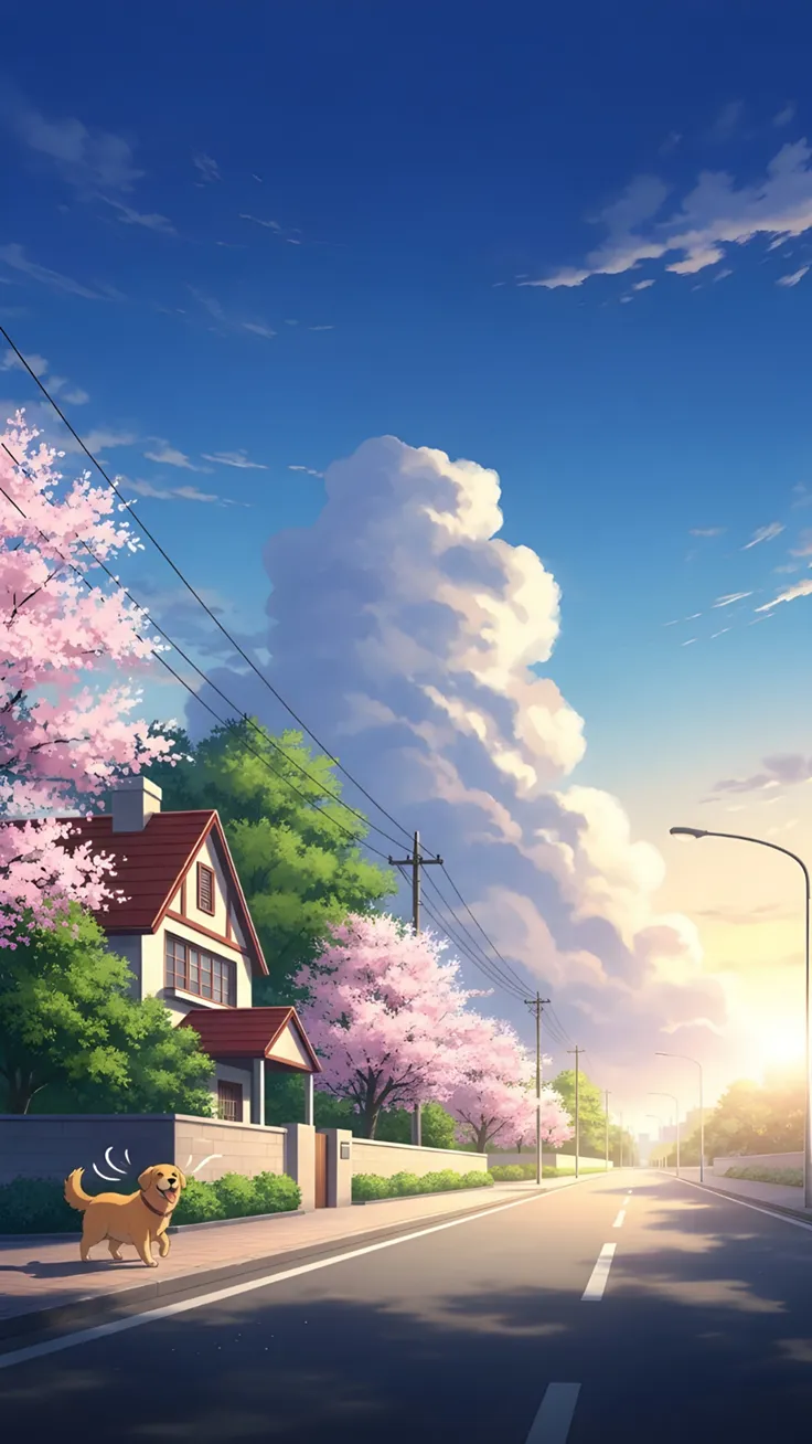 Where peaceful mornings meet golden sunshine Sunny road house dog cherry blossoms