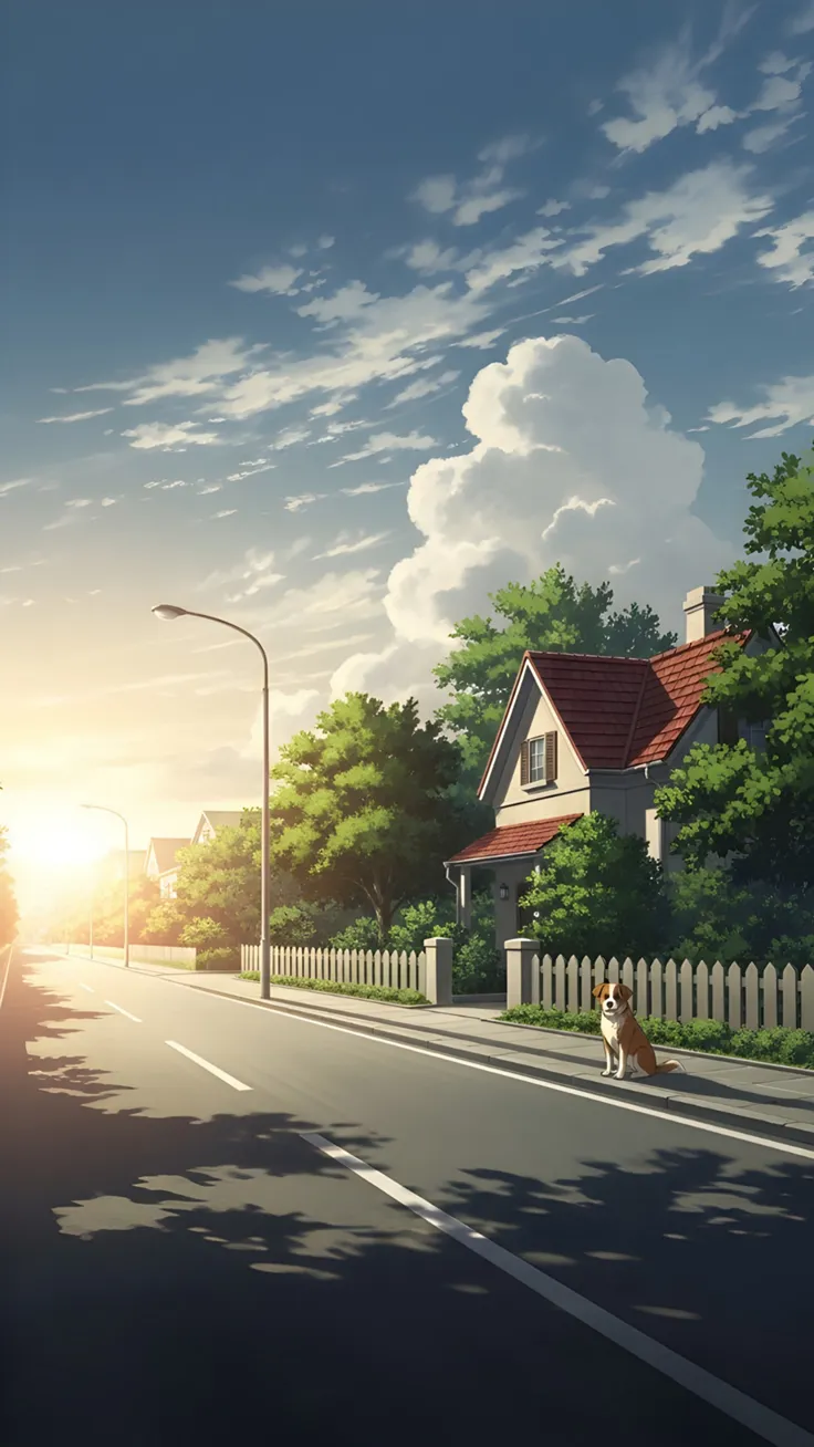 Where peaceful mornings meet golden sunshine Sunny road house dog cherry blossoms