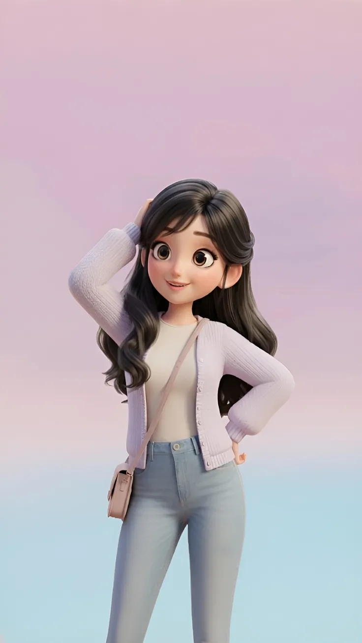 A beautiful 3D cartoon girl  butterfly sitting on her hand