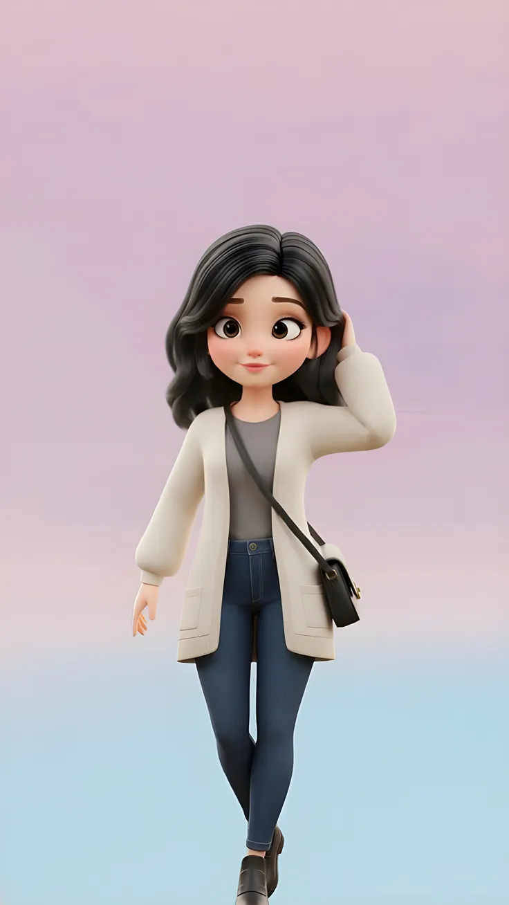 A beautiful 3D cartoon girl  butterfly sitting on her hand