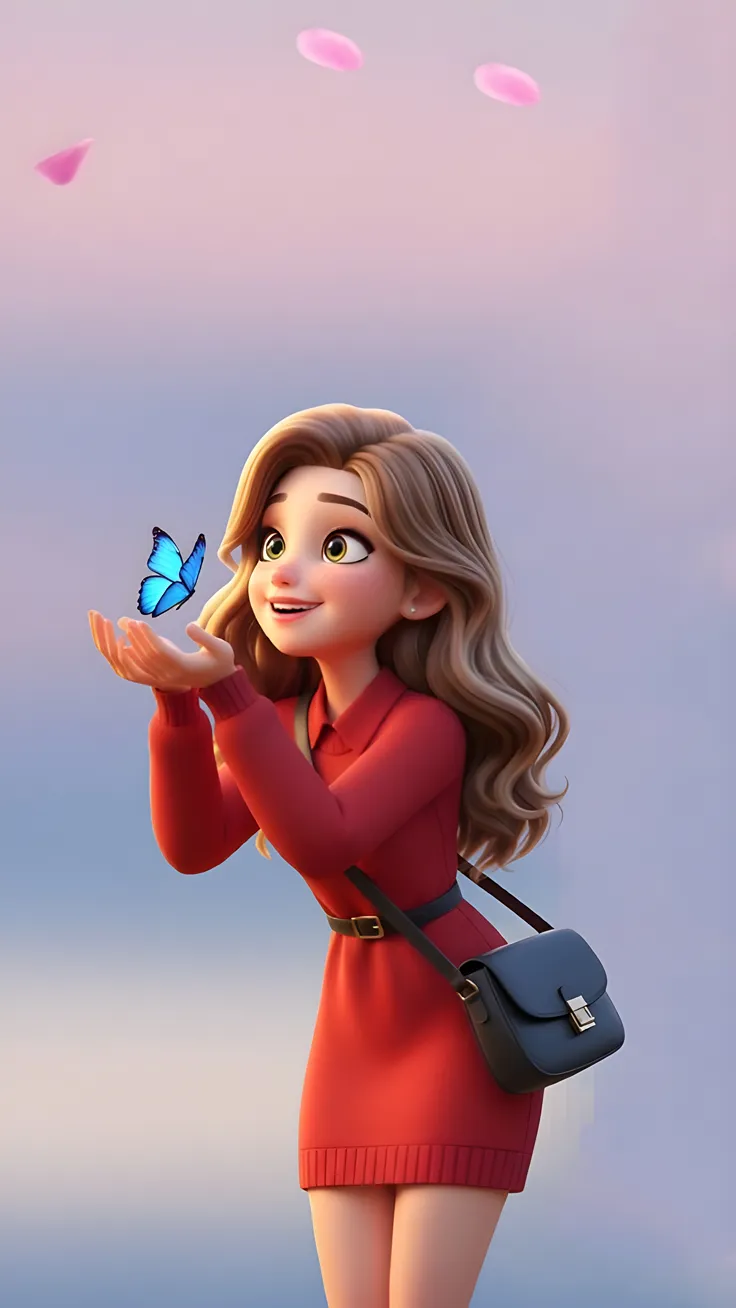 A beautiful 3D cartoon girl  butterfly sitting on her hand