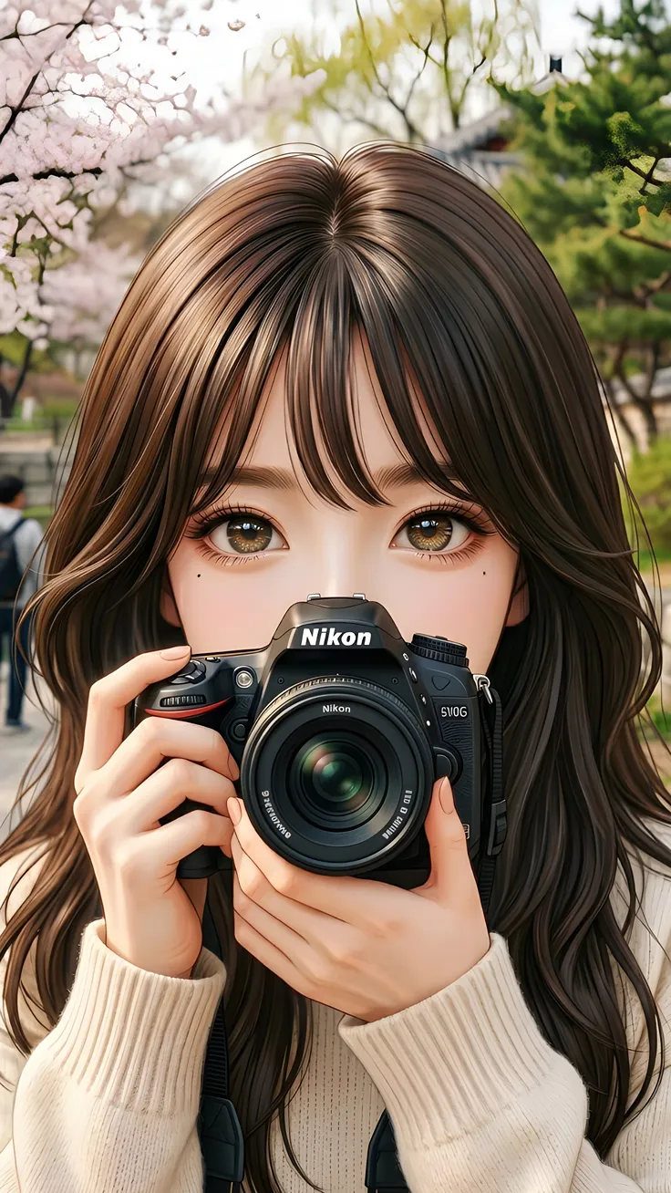 A Korean anime girl walking through a cherry blossom garden capturing moments