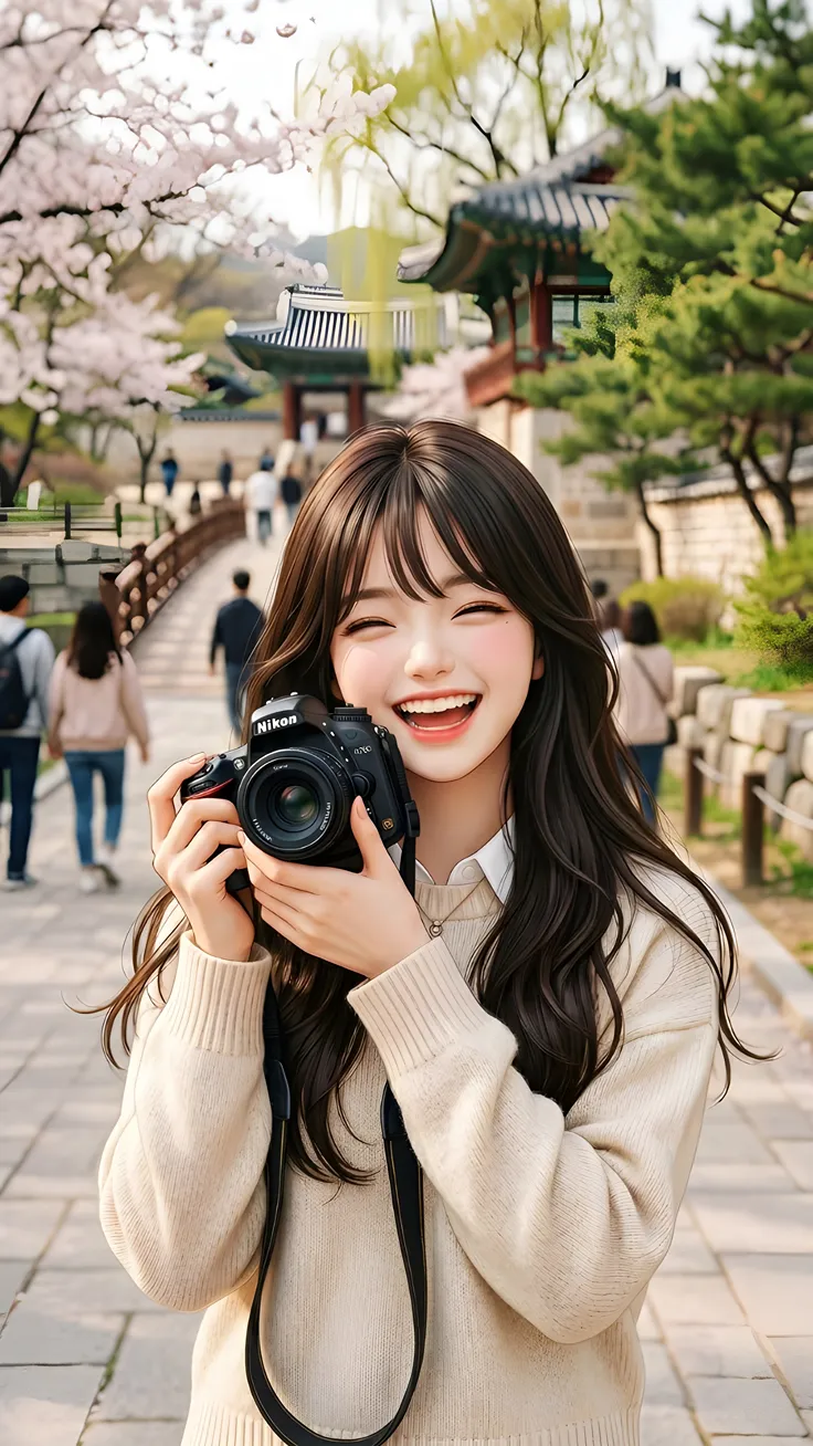 A Korean anime girl walking through a cherry blossom garden capturing moments