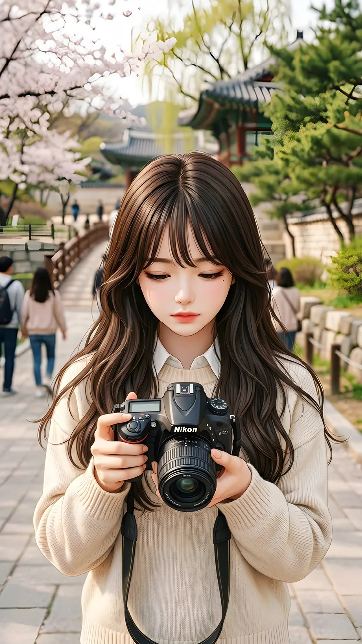 A Korean anime girl walking through a cherry blossom garden capturing moments