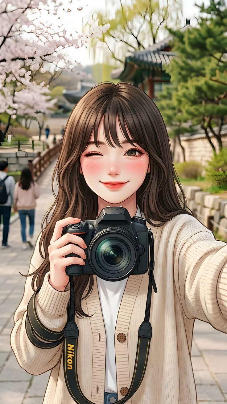 A Korean anime girl walking through a cherry blossom garden capturing moments