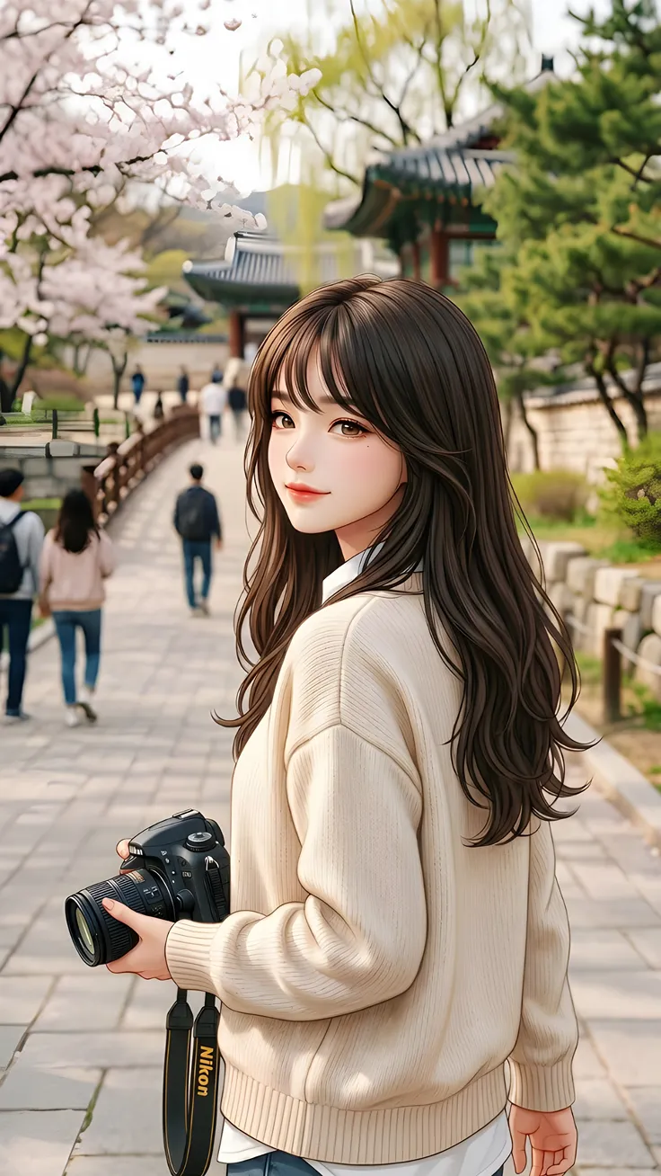 A Korean anime girl walking through a cherry blossom garden capturing moments