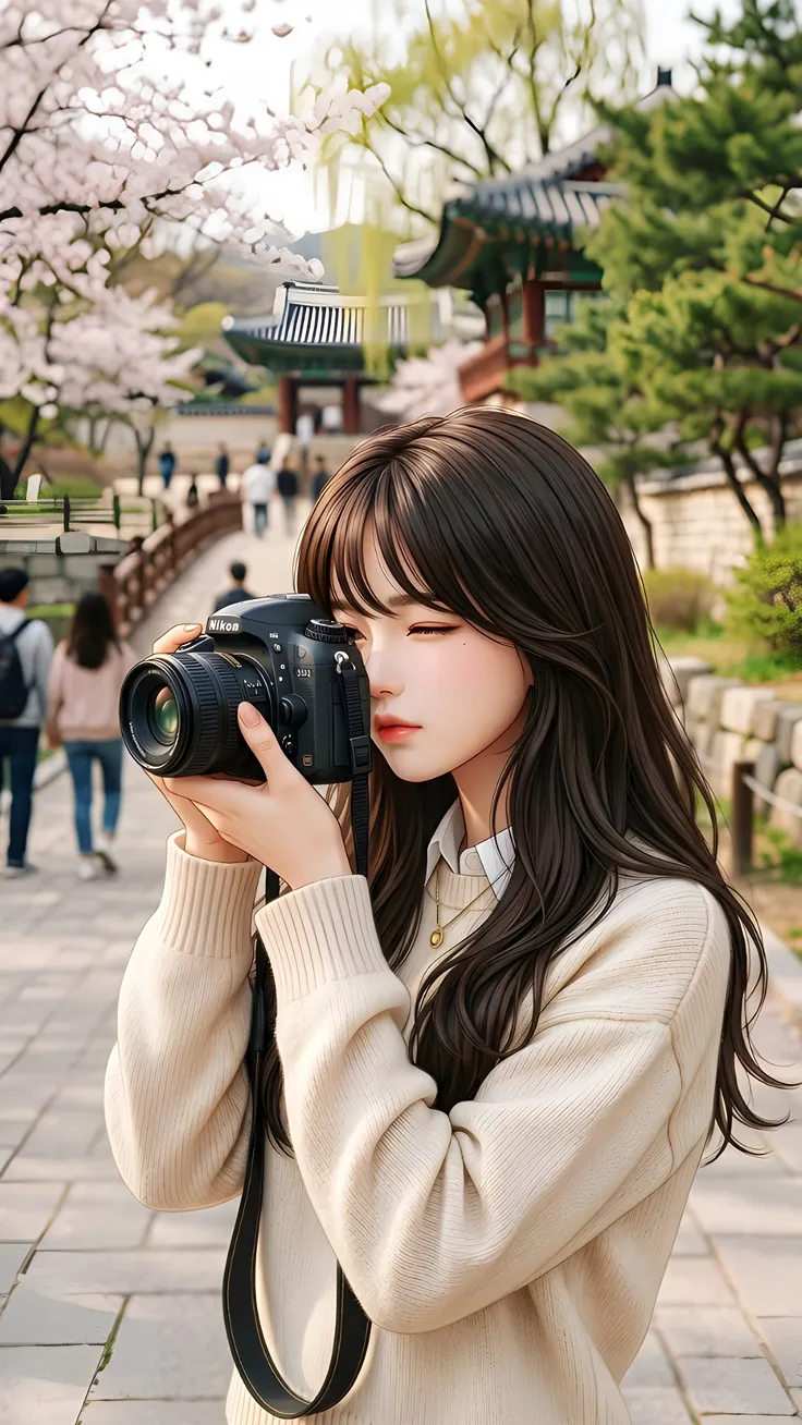 A Korean anime girl walking through a cherry blossom garden capturing moments