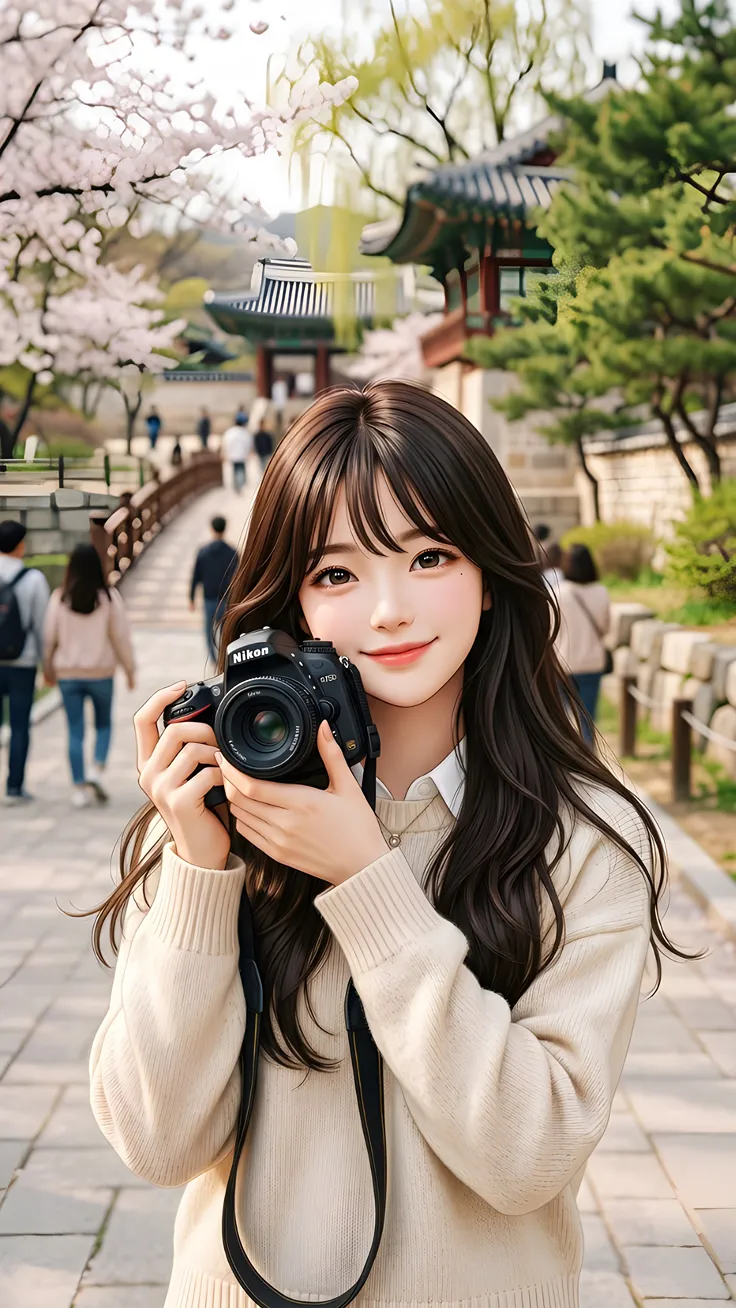 A Korean anime girl walking through a cherry blossom garden capturing moments