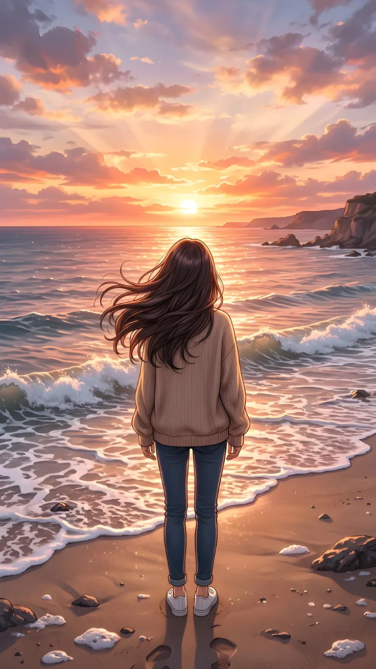 Lost in the Ocean Breeze Alone With the Sea Korean Anime Girl by the Ocean