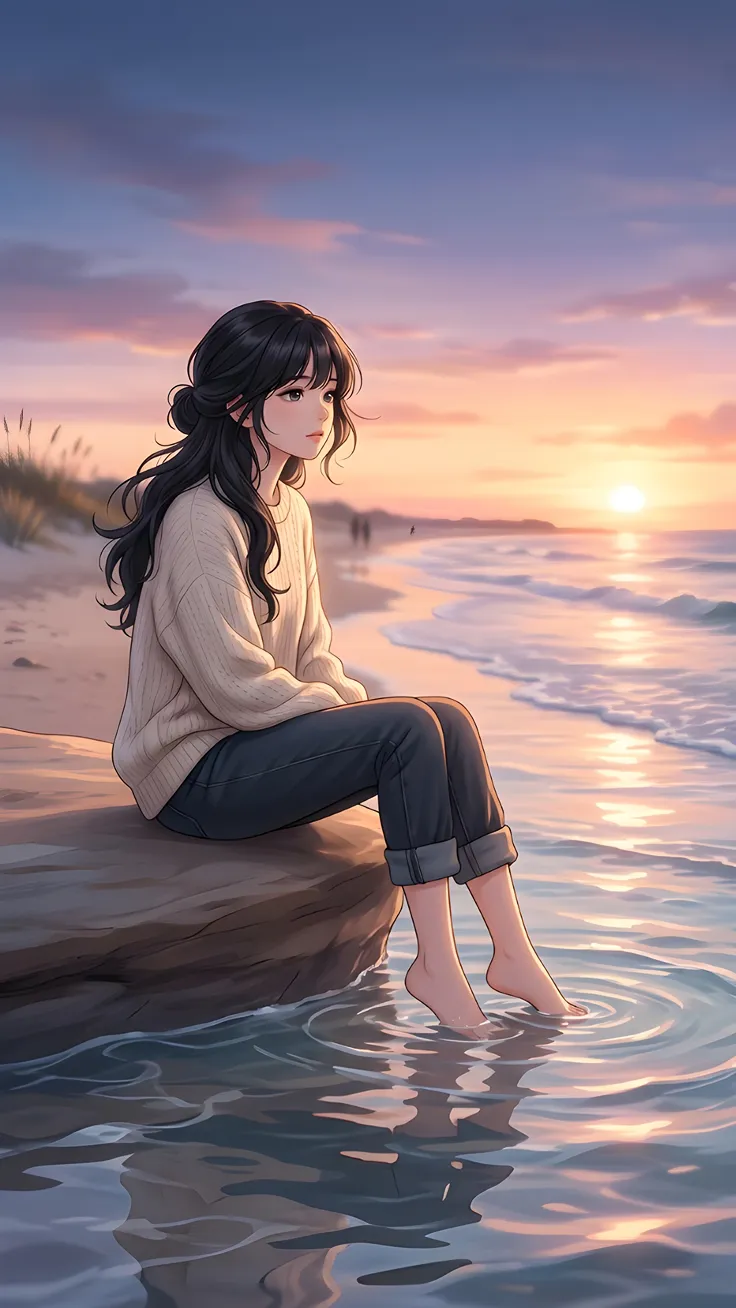 Lost in the Ocean Breeze Alone With the Sea Korean Anime Girl by the Ocean