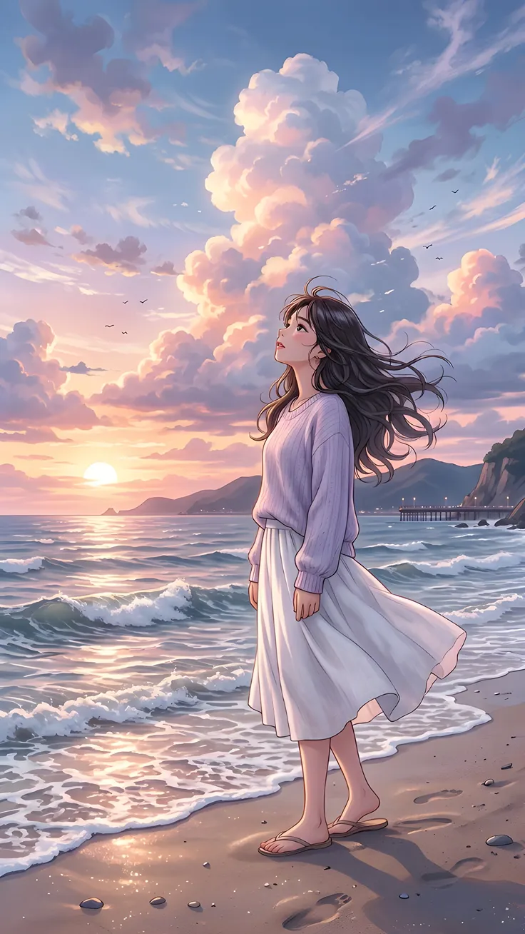Lost in the Ocean Breeze Alone With the Sea Korean Anime Girl by the Ocean