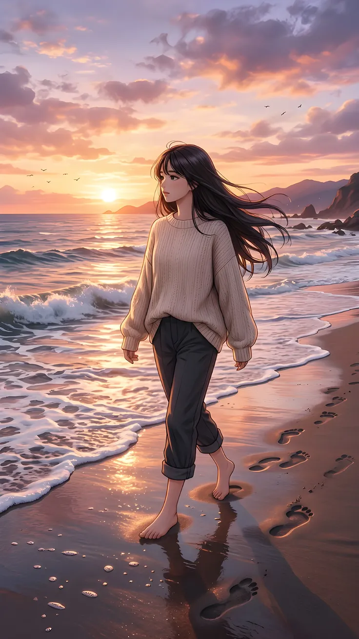Lost in the Ocean Breeze Alone With the Sea Korean Anime Girl by the Ocean