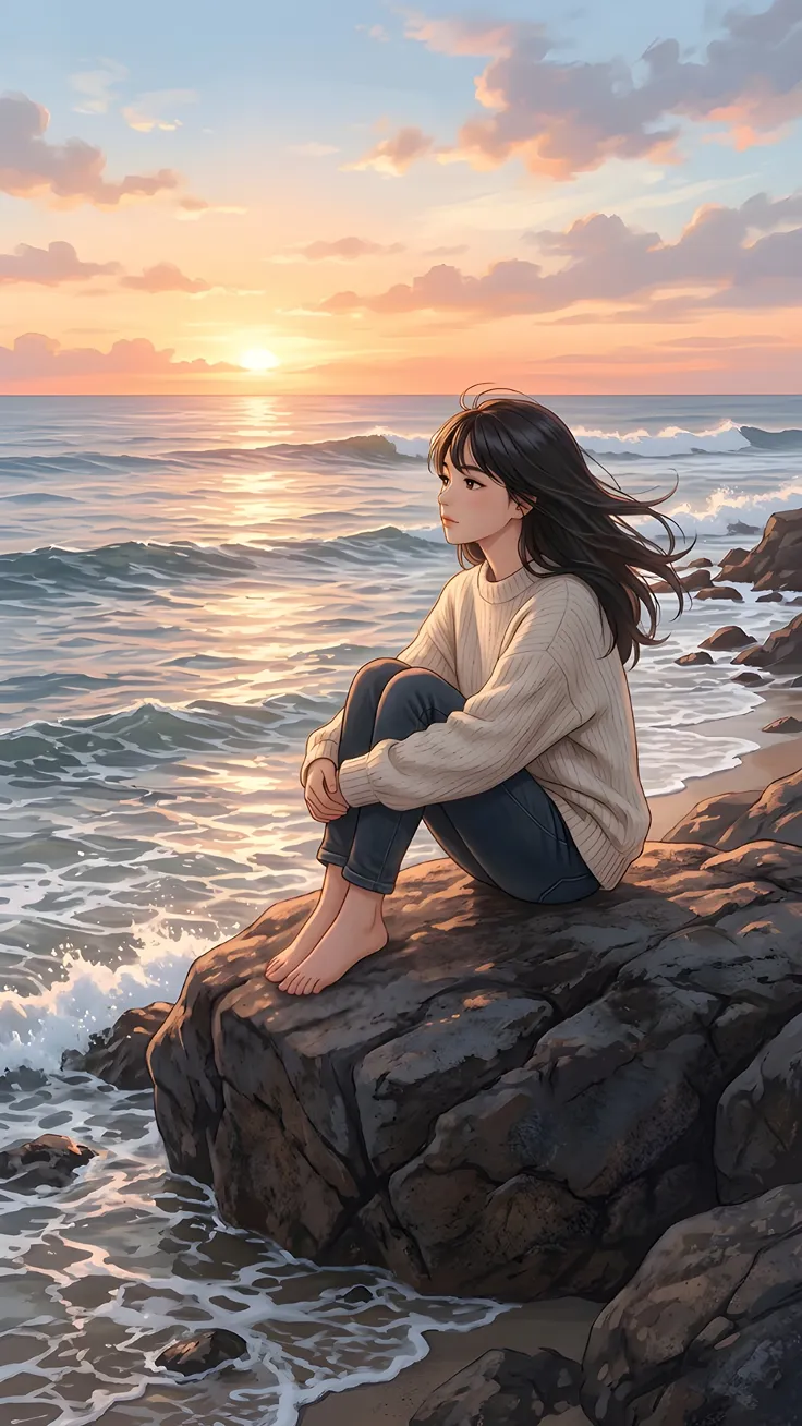 Lost in the Ocean Breeze Alone With the Sea Korean Anime Girl by the Ocean