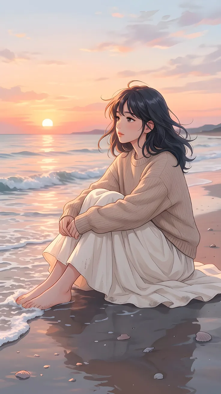 Lost in the Ocean Breeze Alone With the Sea Korean Anime Girl by the Ocean