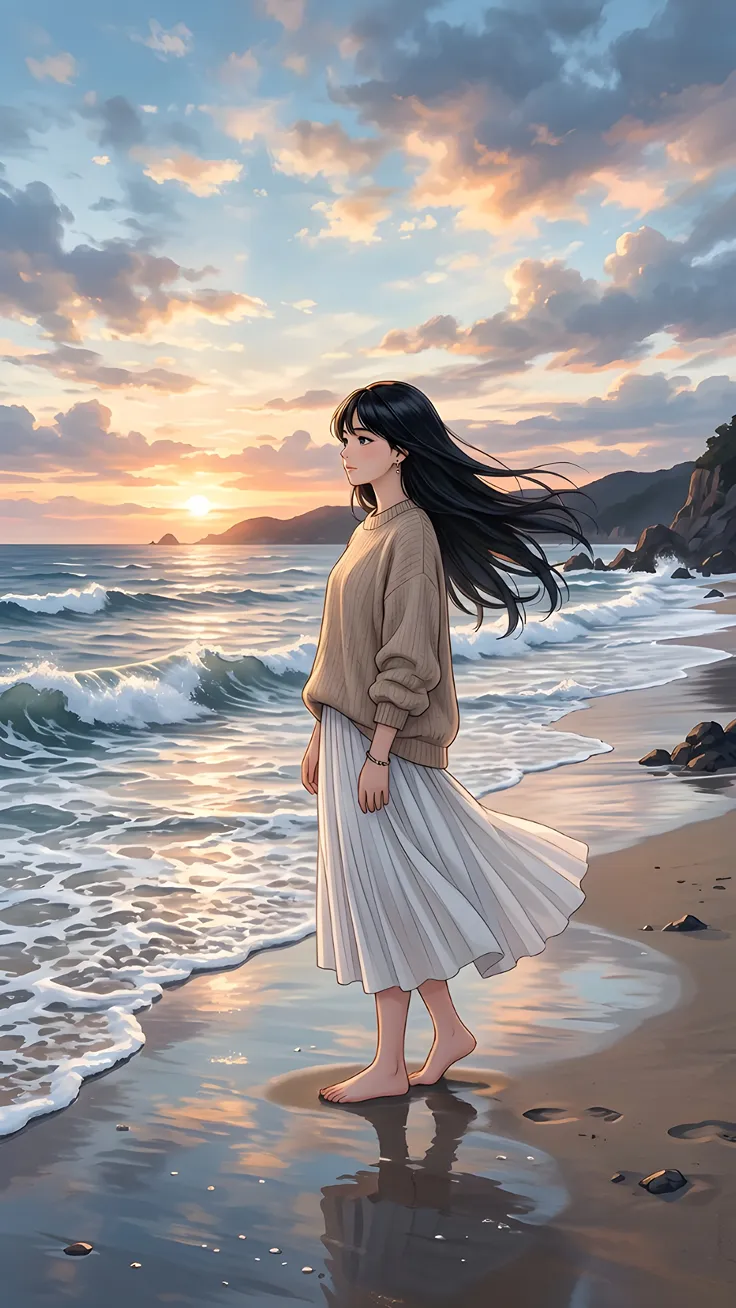 Lost in the Ocean Breeze Alone With the Sea Korean Anime Girl by the Ocean