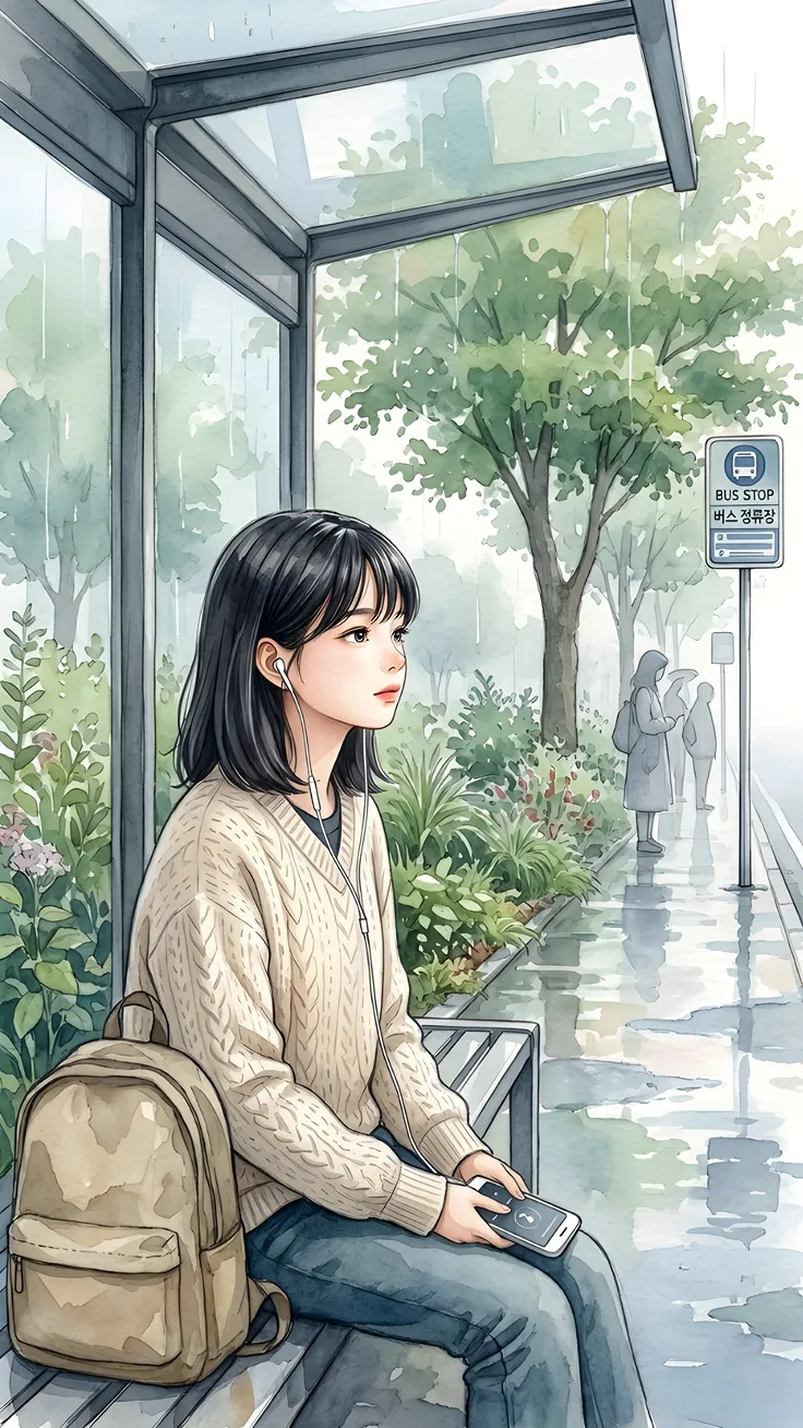 Anime in rainy bus stop standing and waiting for bus