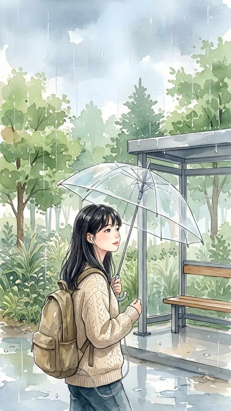 Anime in rainy bus stop standing and waiting for bus