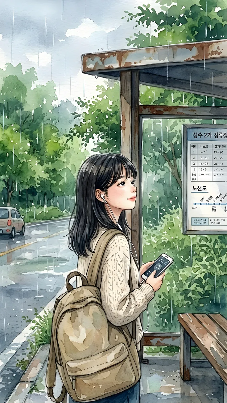 Anime in rainy bus stop standing and waiting for bus