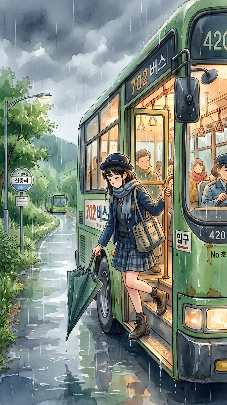 Anime in rainy bus stop standing and waiting for bus