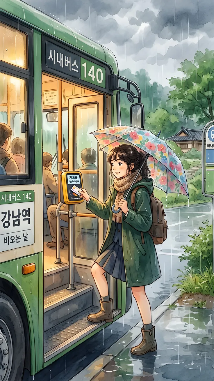 Anime in rainy bus stop standing and waiting for bus