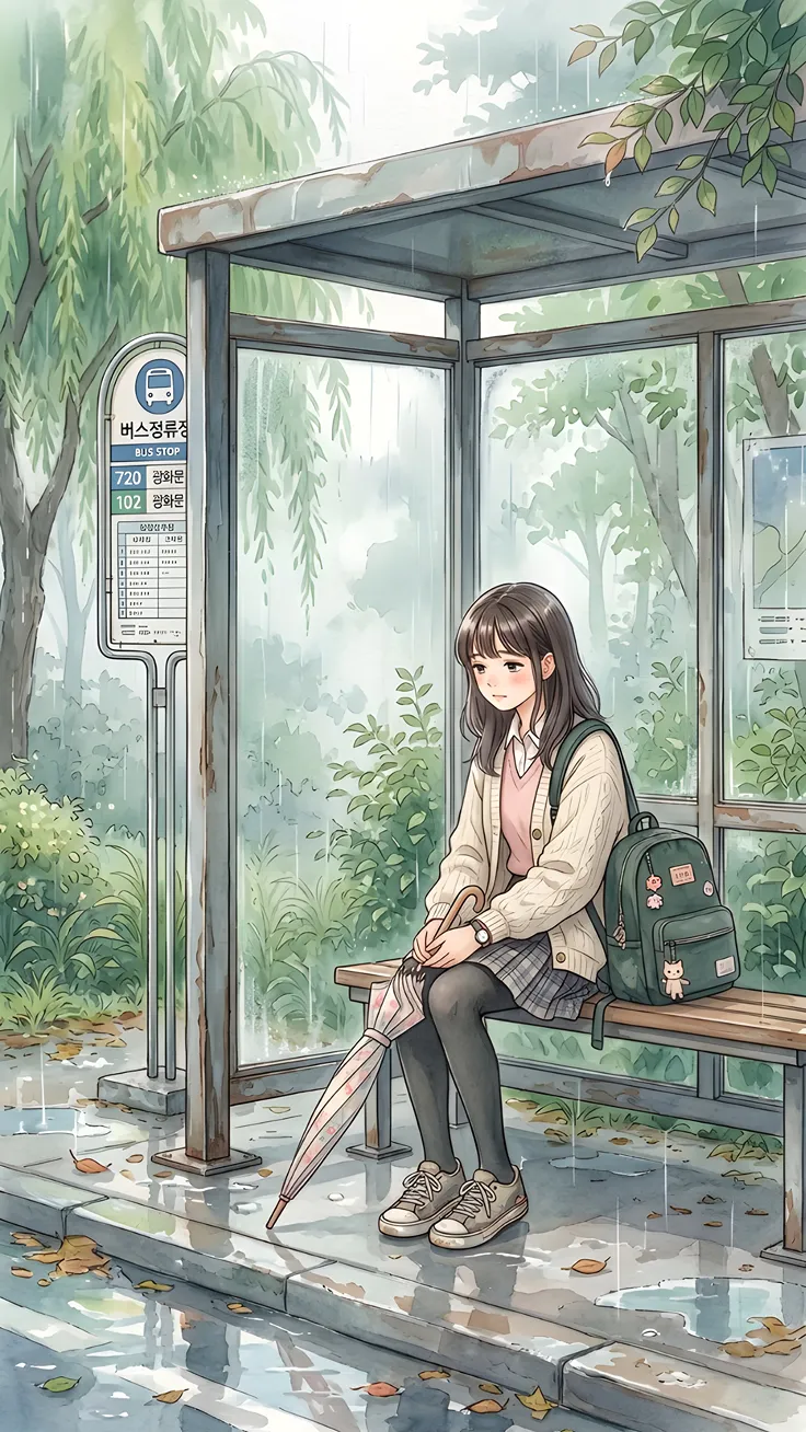Anime in rainy bus stop standing and waiting for bus