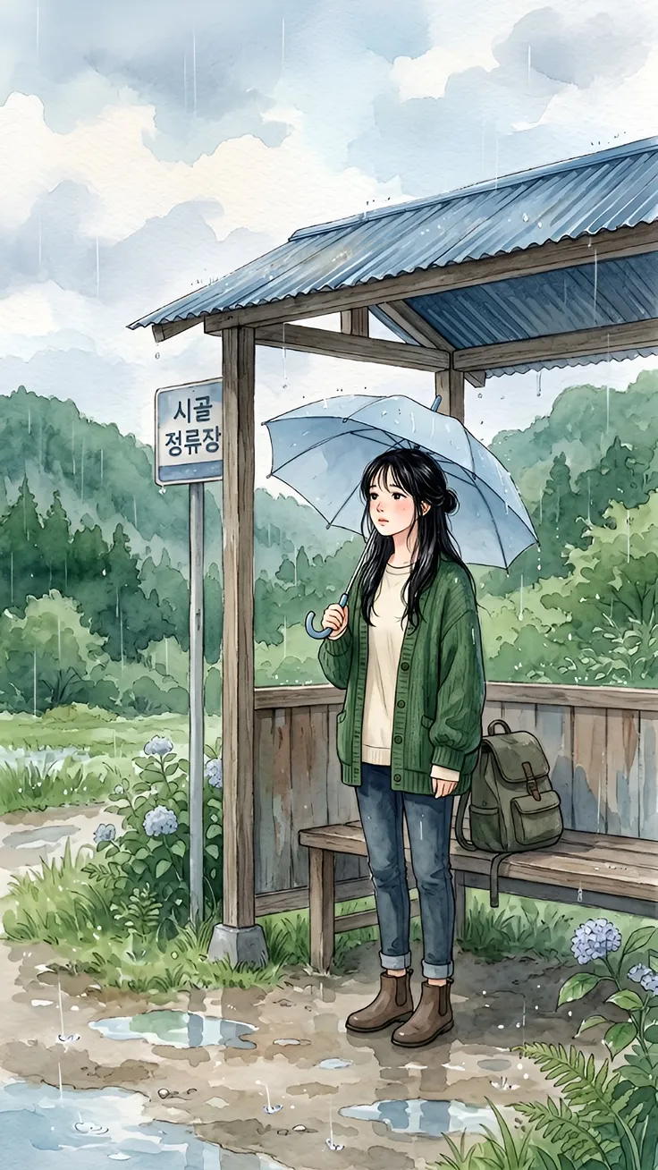 Anime in rainy bus stop standing and waiting for bus