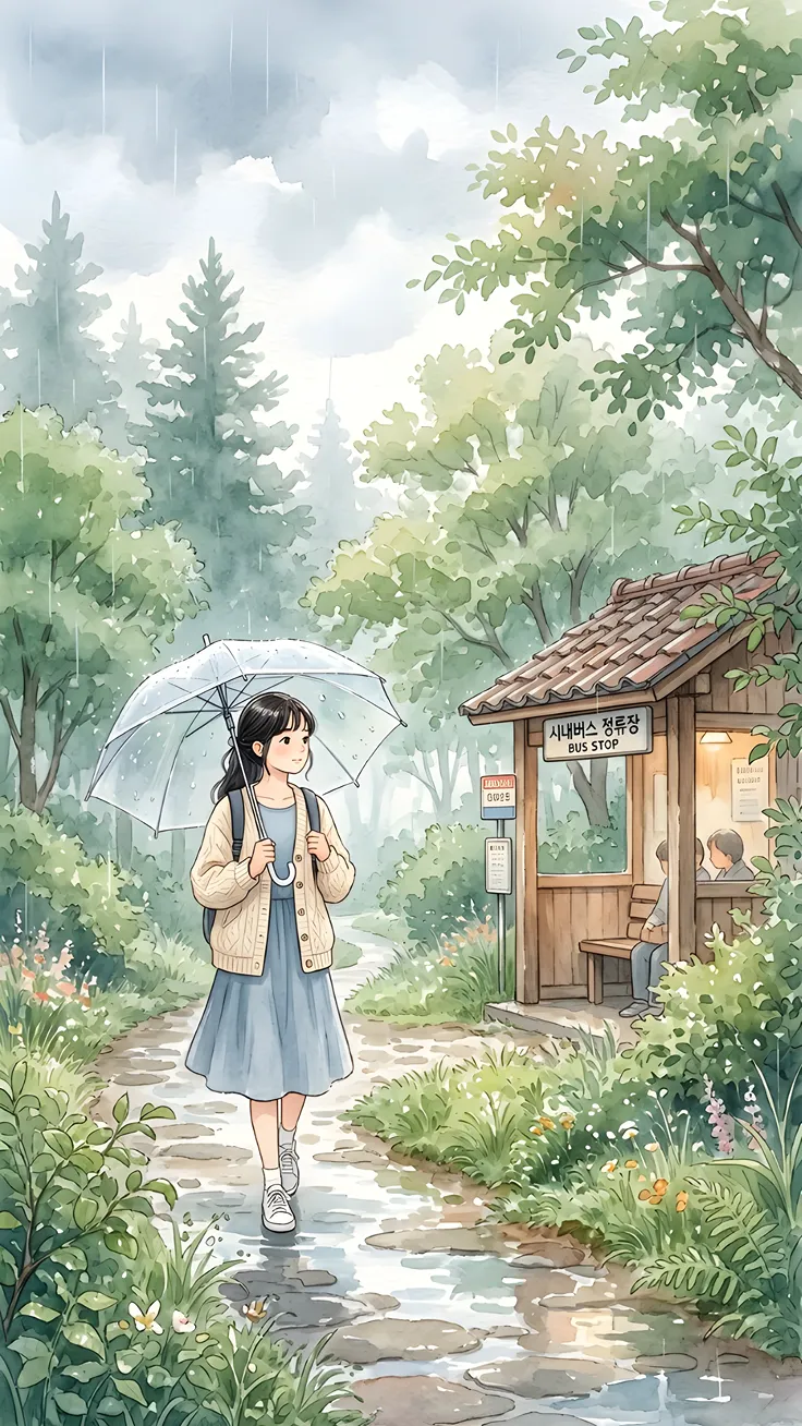 Anime in rainy bus stop standing and waiting for bus