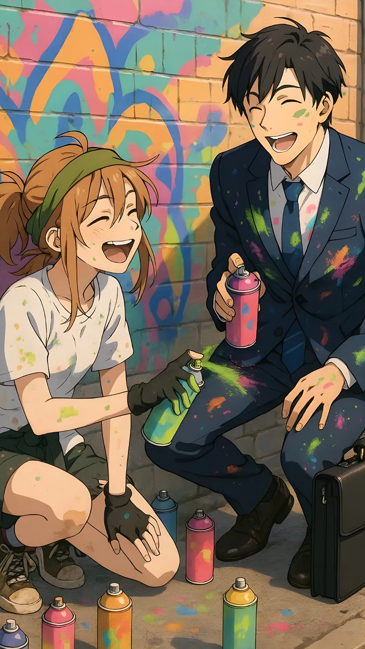 street girl and office men having a little fan anime