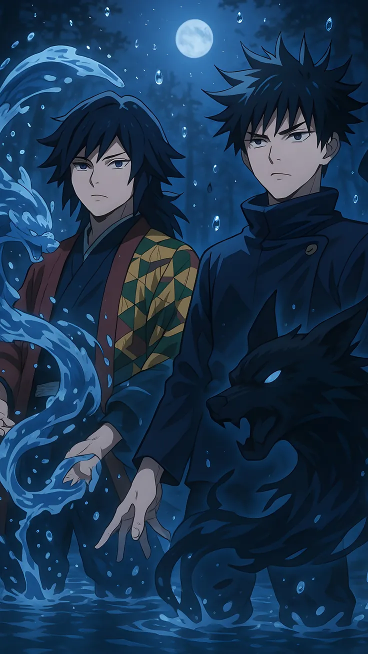 Anime fan art of Giyu Tomioka (deman slate) and Fushiguro Megumi (jujitsu Kristen) duo