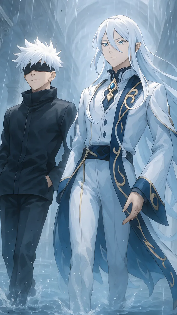 Anime fan art of neuvilette (genshin) and Gojo Satoru (Jujutsu Kaisen) duo