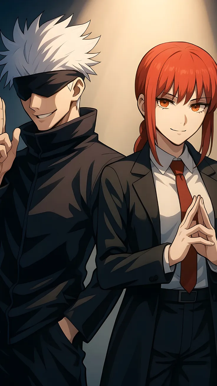 Anime fan art of makima (chainsaw man) and Gojo (Jujutsu Kaisen) duo