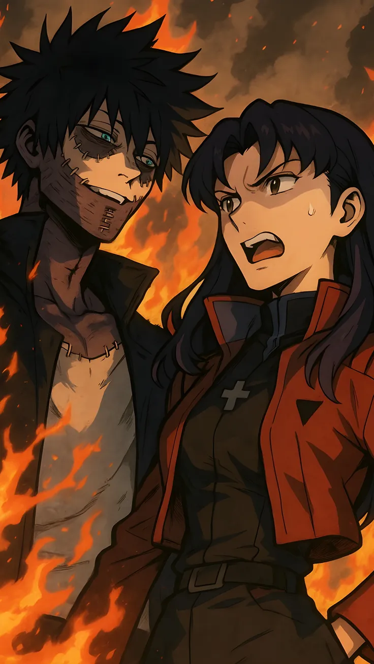 Anime fanart of Dabi (Boku no Hero Academia) and  Misato Katsuragi (Neon Genesis Evangelion.) duo