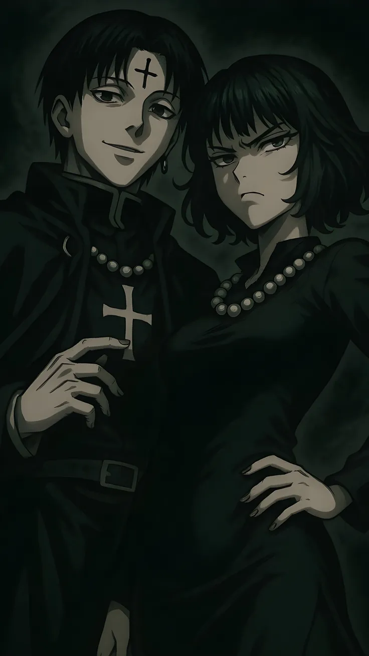 Anime fan art of Chrollo Lucilfer (Hunter x Hunter) and Fubuki (One Punch Man) duo