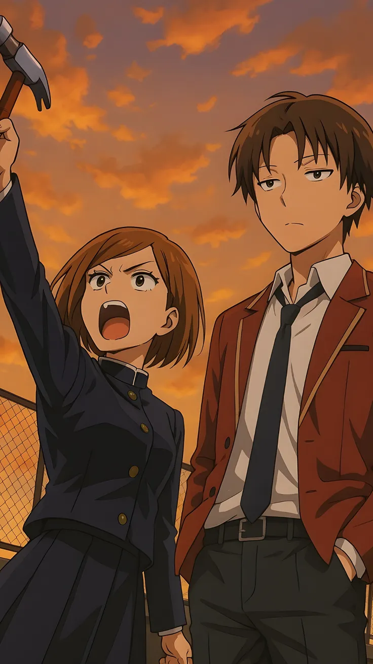 Anime fan art of nobara (jujutsu keisen) and ayanokuji (classroom of elite) duo