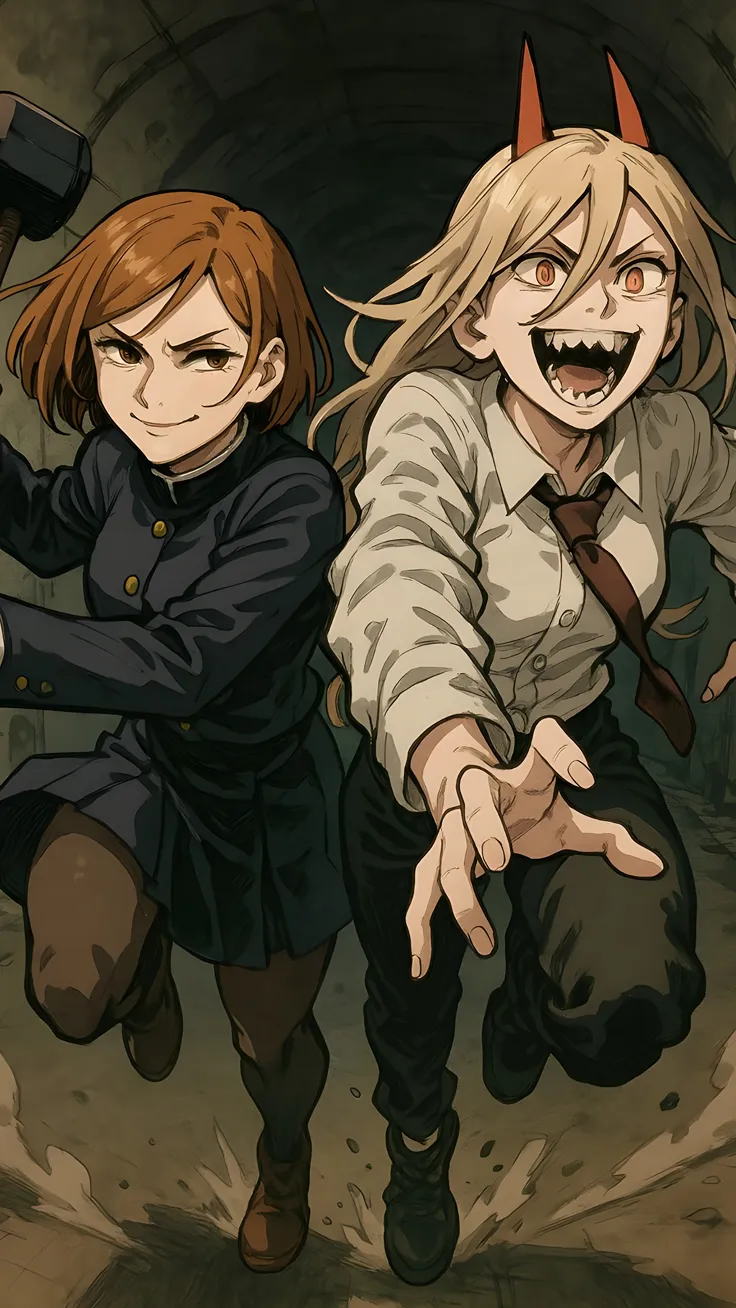 Anime fan art of nobara (jujutsu keisen)and power (chainsaw man) duo