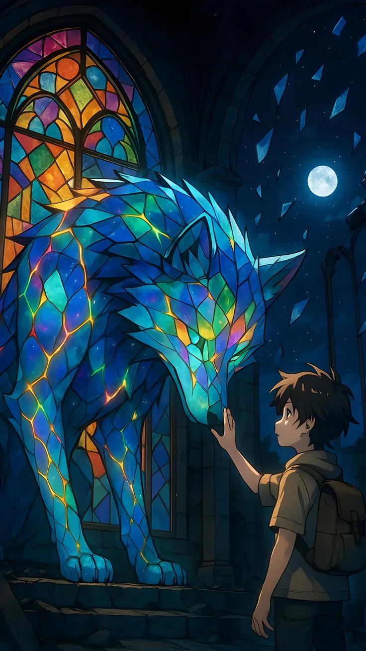 Anime boy and a wolf made of stained glass Ai