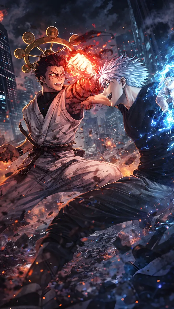 Anime fan art of gojo satoru vs sukuna in fushiguro megumi body (jujutsu keisen)