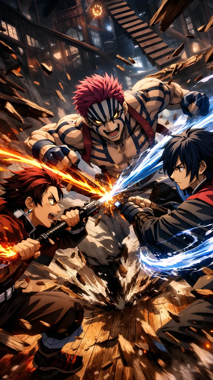 Anime fanart of tanjiro & giyu vs akaza (demon slayer)