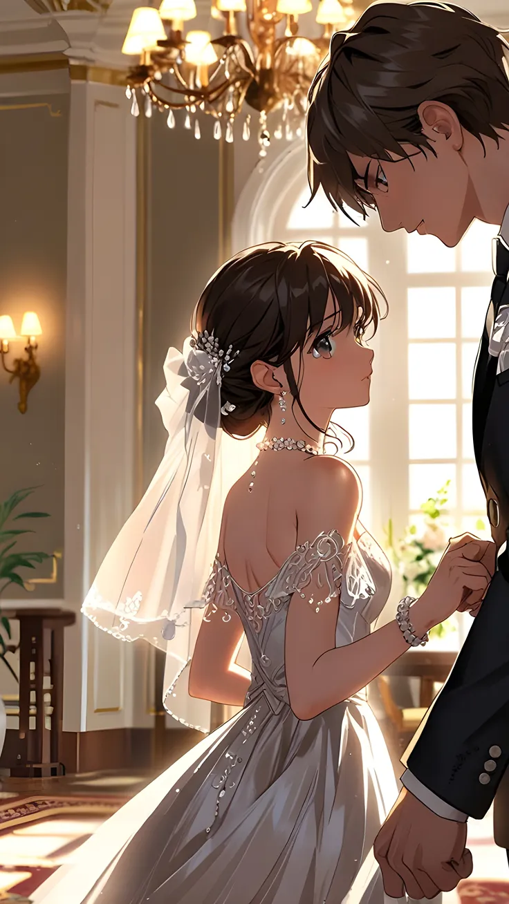 Anime girl in a fancy bell party with her partner ai