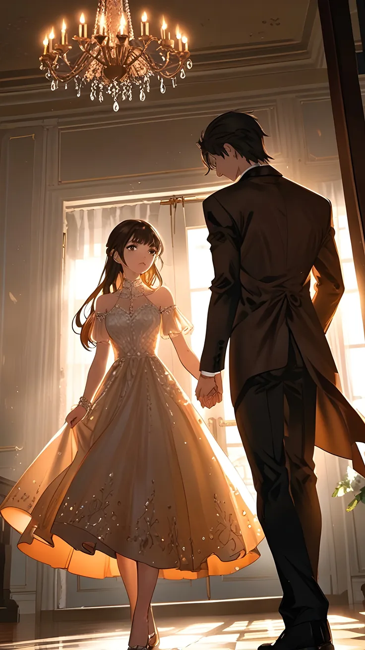 Anime girl in a fancy bell party with her partner ai