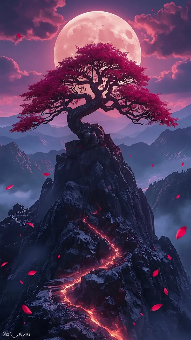 Moonlit Bloom Above the Silent Peaks 🌕🌸✨