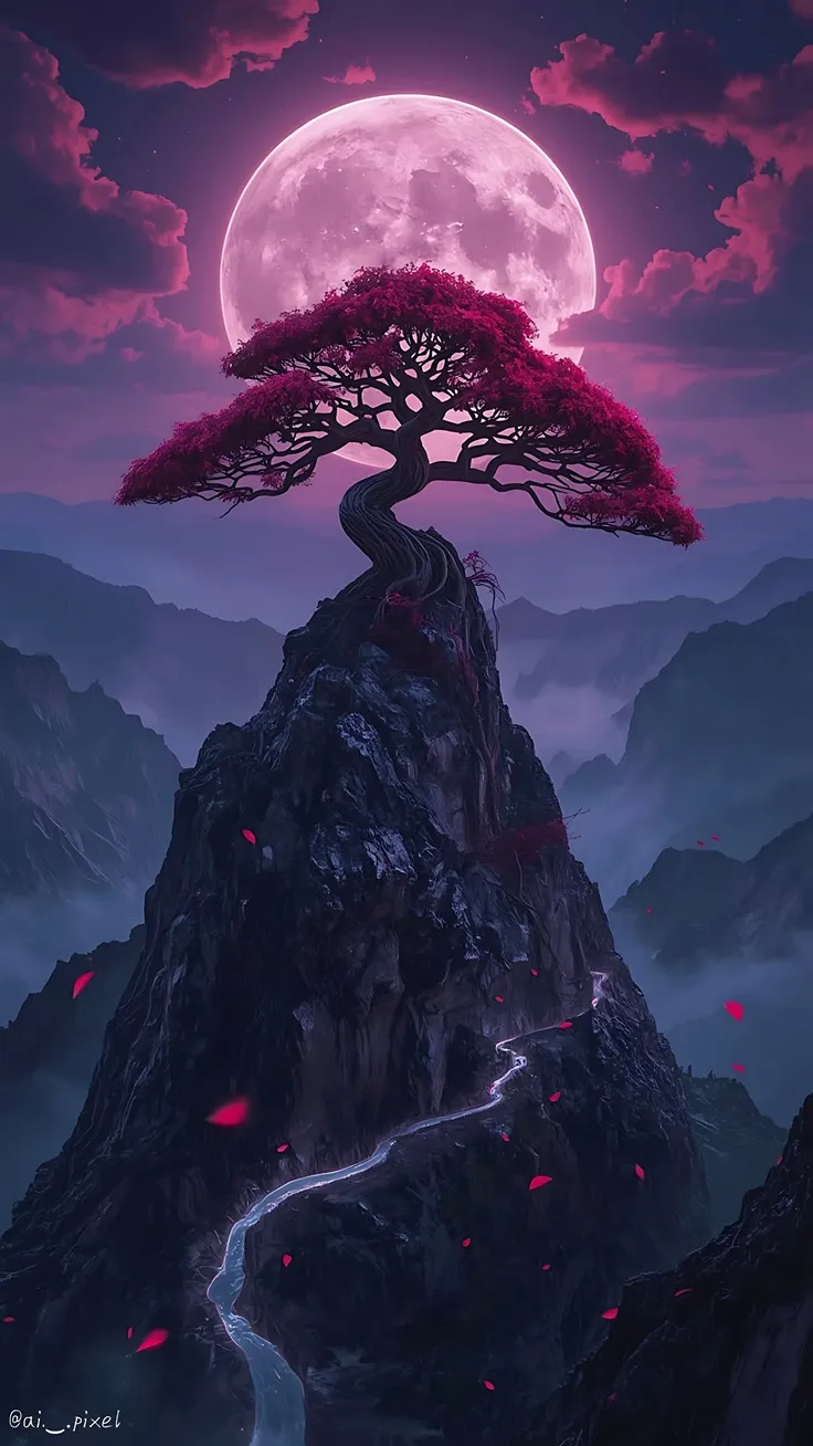 Moonlit Bloom Above the Silent Peaks 🌕🌸✨