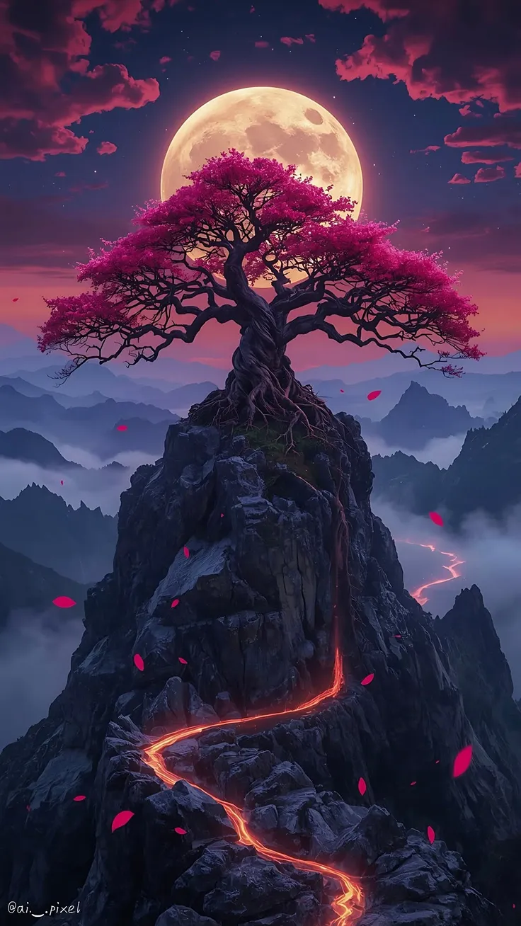 Moonlit Bloom Above the Silent Peaks 🌕🌸✨