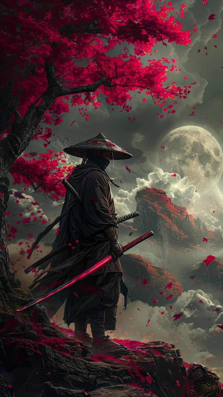 Japanese Samurai under cherry blossom