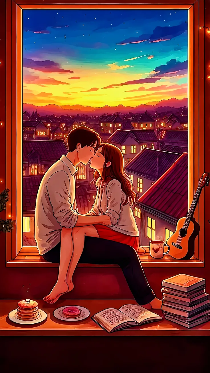Anime couple lovers in a cozy balcony
