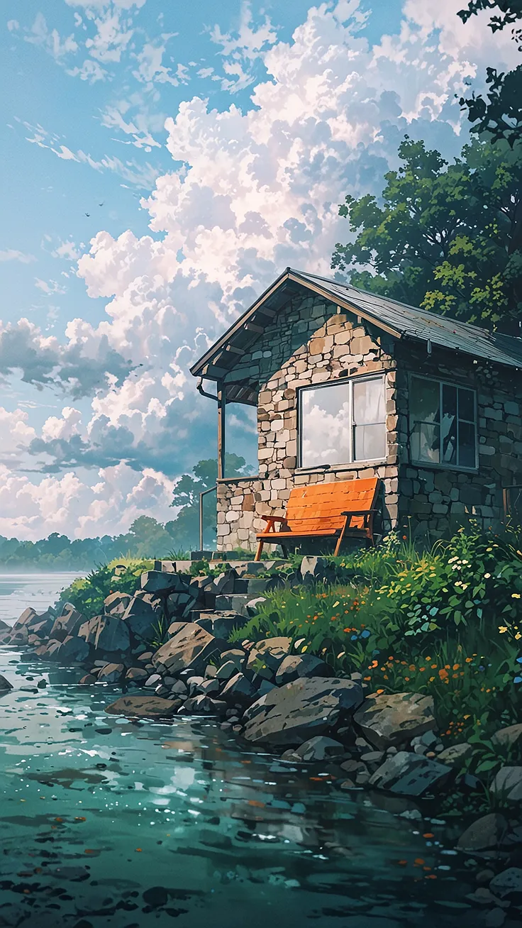 A rustic stone and wood cabin wallpaper