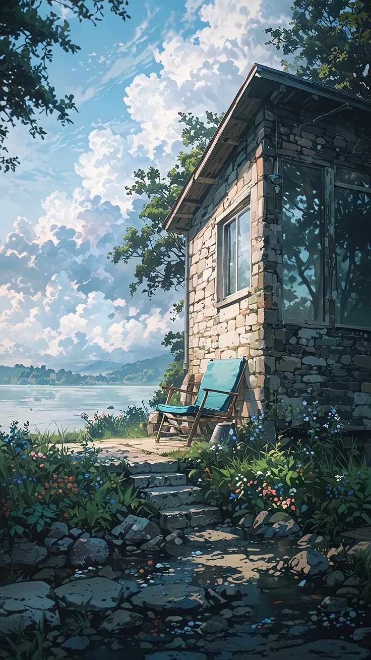 A rustic stone and wood cabin wallpaper