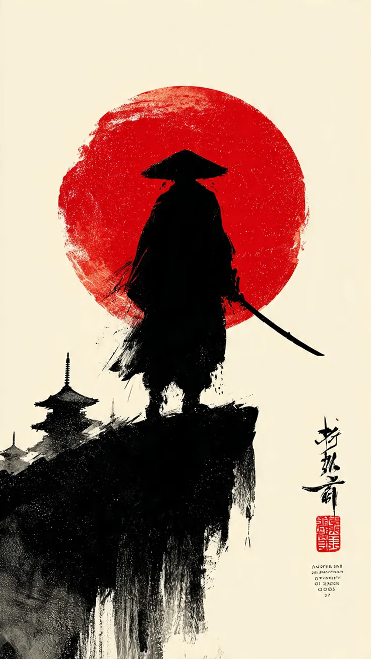 Samurai Sumi-E Crimson Sun Wallpapers