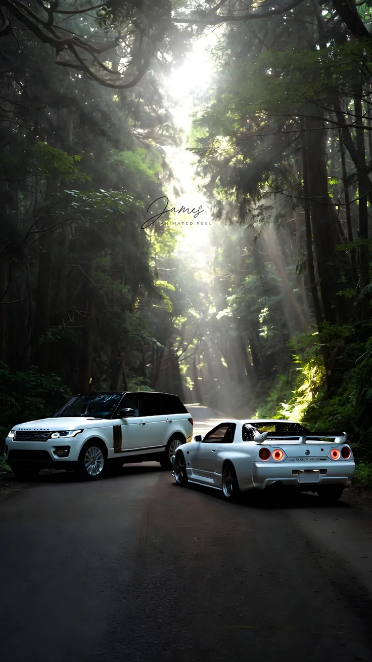 Nissan GTR and Range rover dark forest road